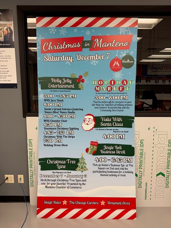 An image of a Christmas flyer with a list of times for different activities.